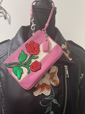 Rare Coach Pink Rose Appliqué Wristlet with Cream Stripe